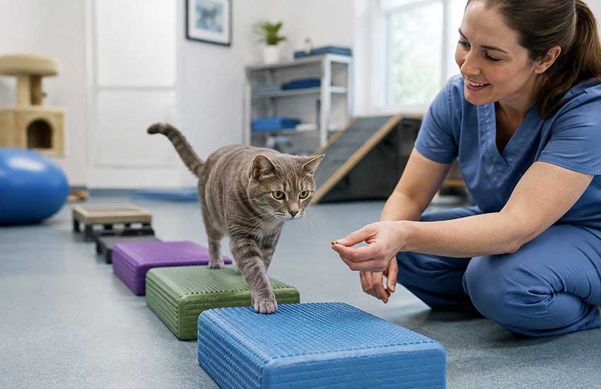 Kot wykonujący ćwiczenia równoważne pod opieką fizjoterapeuty weterynaryjnego